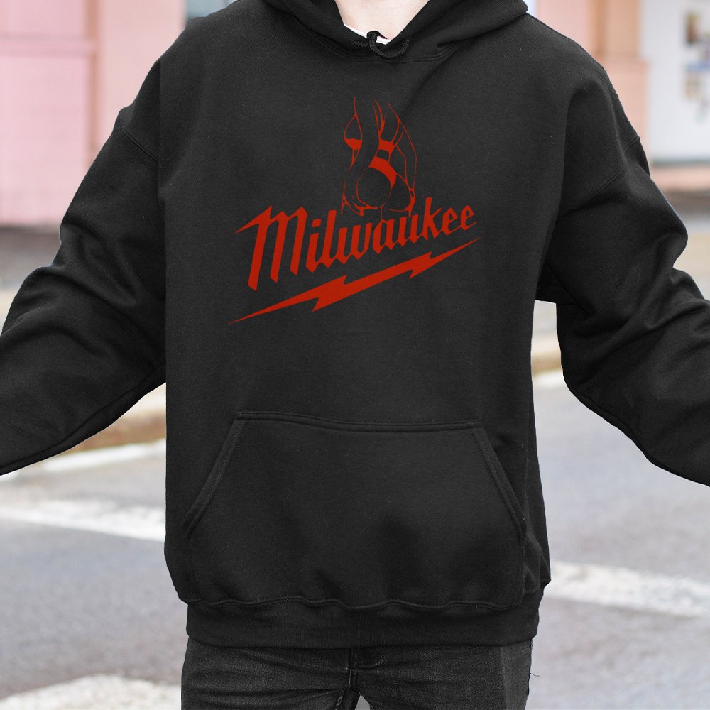 Funny Milwaukee Graphic Hoodie | Parody Tool Brand Logo Design | Premium Cotton Blend Pullover | Humorous Gift for DIY Worker