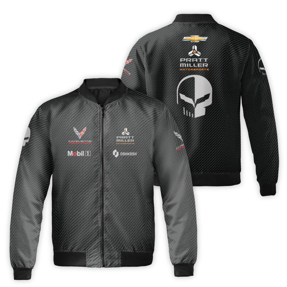 Corvette Racing Bomber Jacket | Carbon Fiber Print Skull Design | Premium Quilted Lining | Motorsports Fan Gift