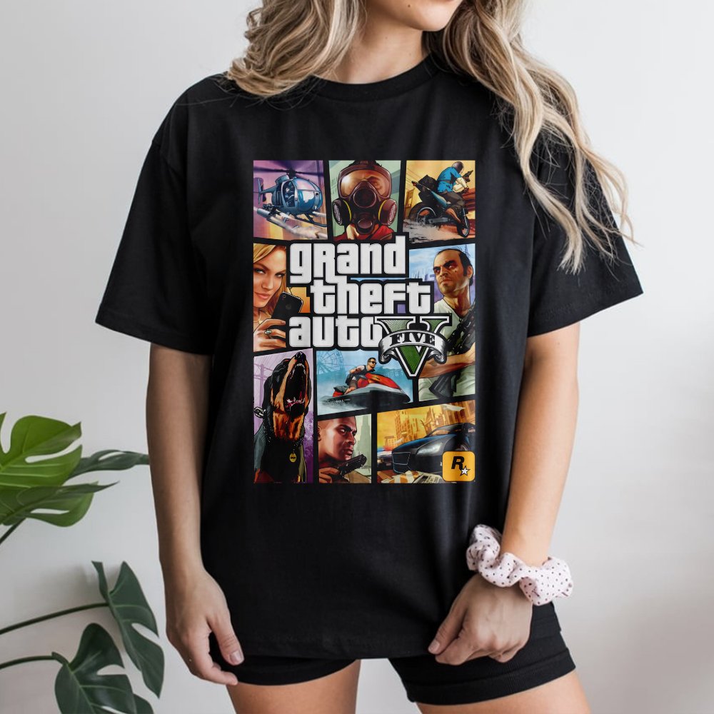 Grand Theft Auto V Graphic T-Shirt | Iconic Video Game Cover Art | Premium 100% Cotton Tee | Gift for Gamers and Open World F