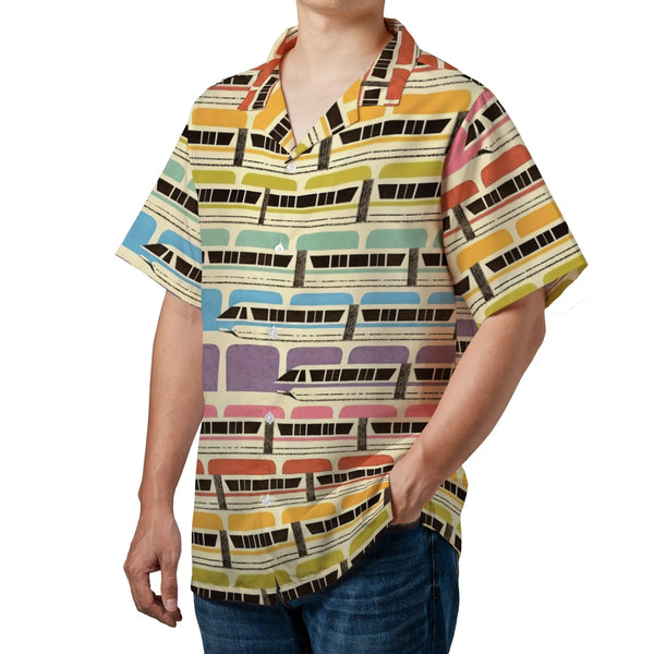 Retro Monorail Hawaiian Shirt | Mid-Century Transportation Print | Lightweight Woven Polyester | Gift for Theme Park & Train 