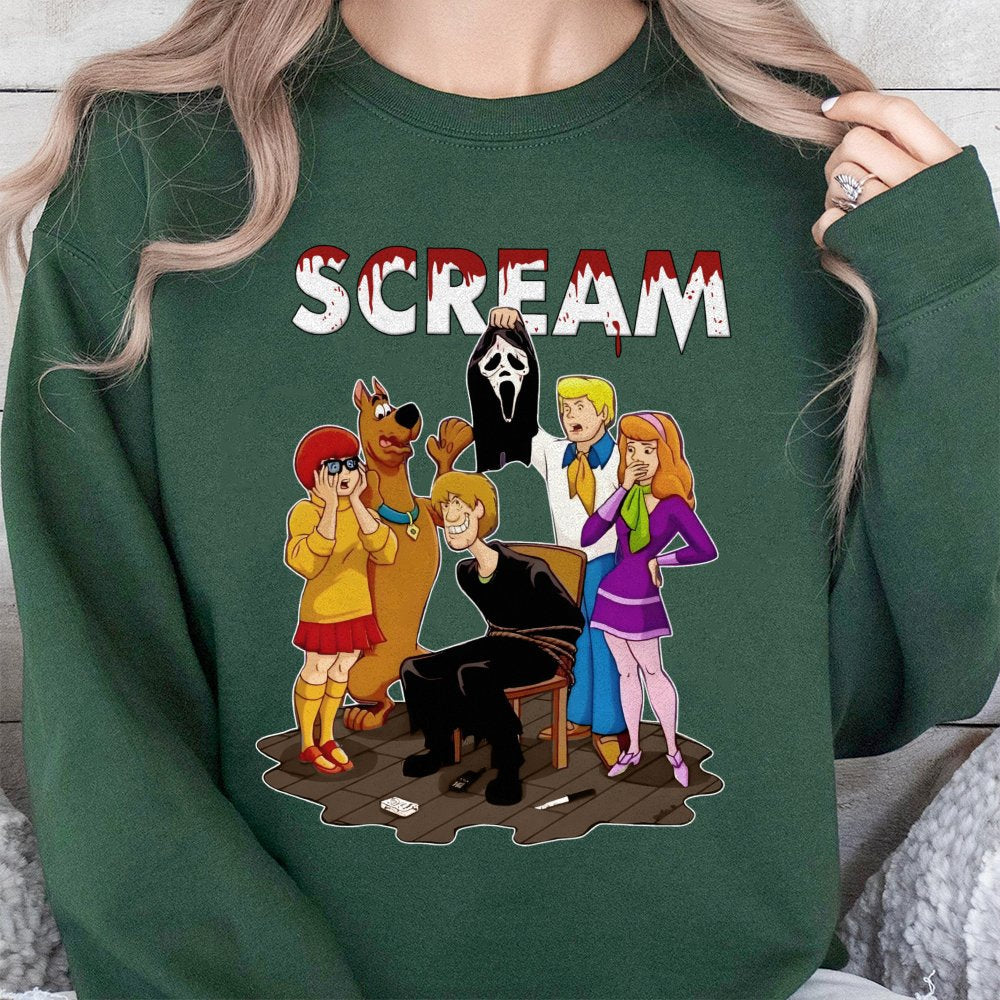Cartoon Mystery Crew Horror Mashup Sweatshirt | Funny Halloween Graphic Pullover | Soft Cotton Blend Unisex Apparel | Unique 