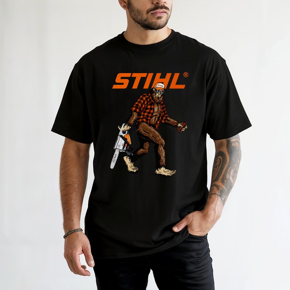 Bigfoot With Chainsaw T-Shirt | Funny Lumberjack Sasquatch Graphic | 100% Cotton Premium Tee | Unique Gift for Outdoorsmen an