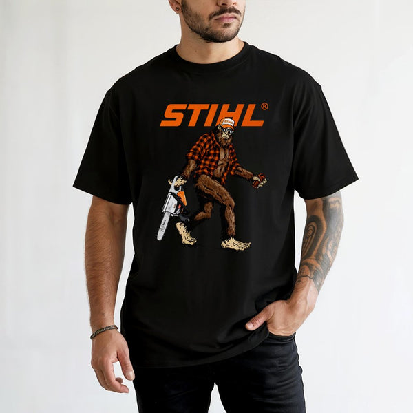 Bigfoot With Chainsaw T-Shirt | Funny Lumberjack Sasquatch Graphic | 100% Cotton Premium Tee | Unique Gift for Outdoorsmen an