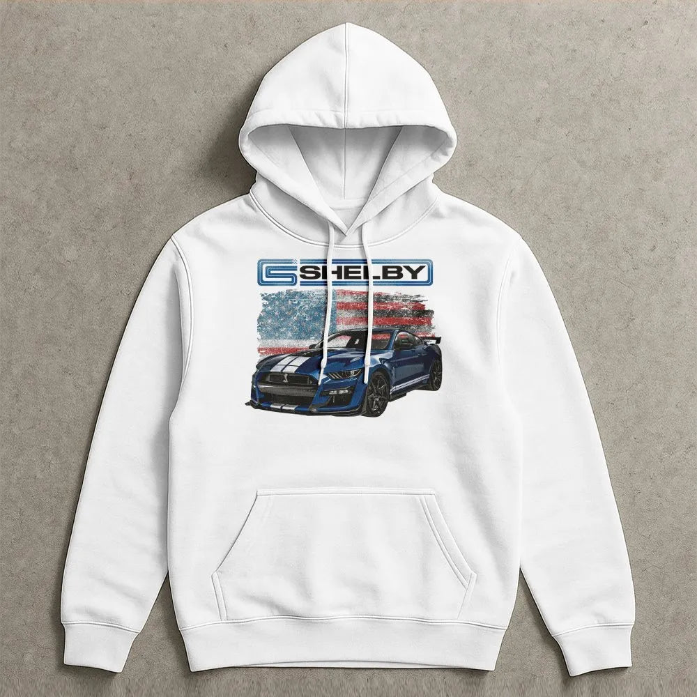 Mustang Muscle Car Hoodie | American Flag Shelby Design | Premium Cotton Blend Pullover | Gift for Car Enthusiast & Gearhead