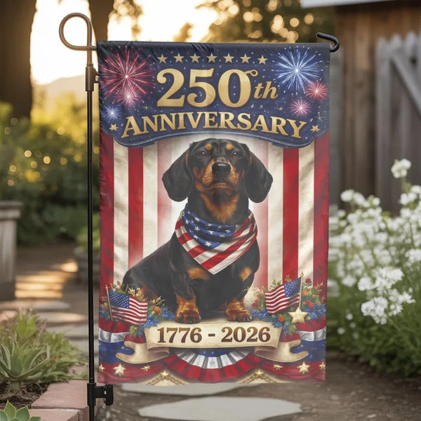America 250th Anniversary Garden Flag | Patriotic Dachshund Dog | Weather-Resistant Double Sided Fabric | USA Sestercentennia