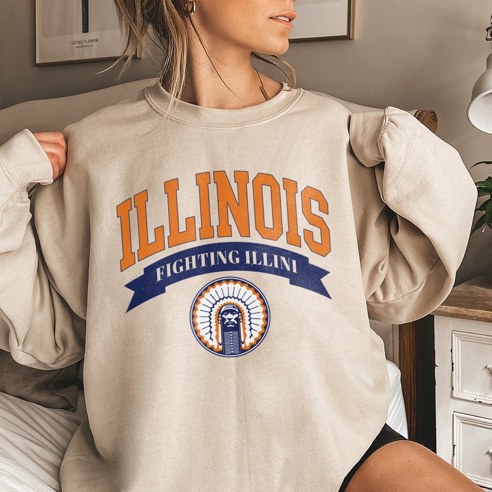 Illinois Fighting Illini Sweatshirt | Vintage Style College Football Crewneck | Premium Cotton Blend | Gift For Alumni Fans M