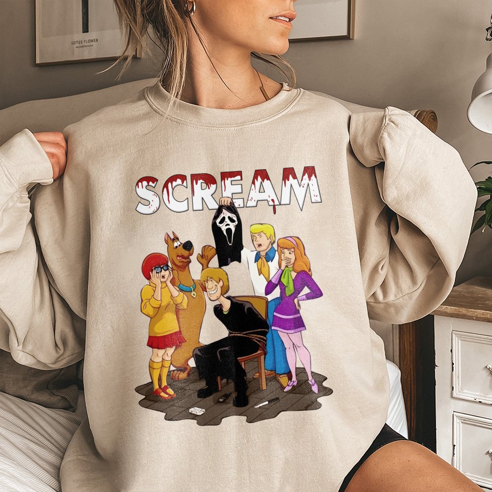 Cartoon Mystery Crew Horror Mashup Sweatshirt | Funny Halloween Graphic Pullover | Soft Cotton Blend Unisex Apparel | Unique 
