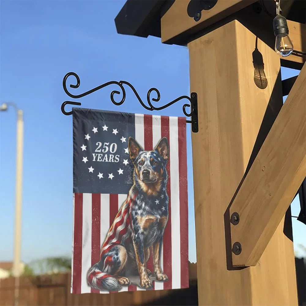 Patriotic Blue Heeler Dog Garden Flag | USA 250th Anniversary American Flag Design | Double-Sided Premium Weatherproof Polyes