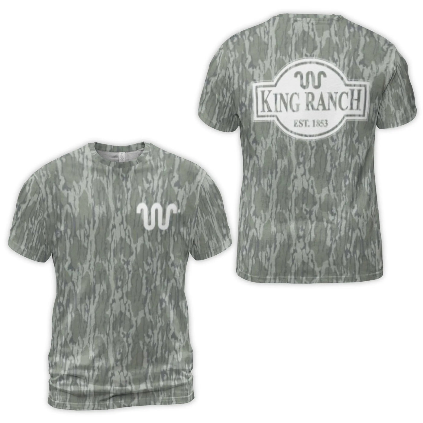 King Ranch Camo T-Shirt | Running W Logo All-Over Print | Premium Polyester Spandex | Western Rancher Gift for Men