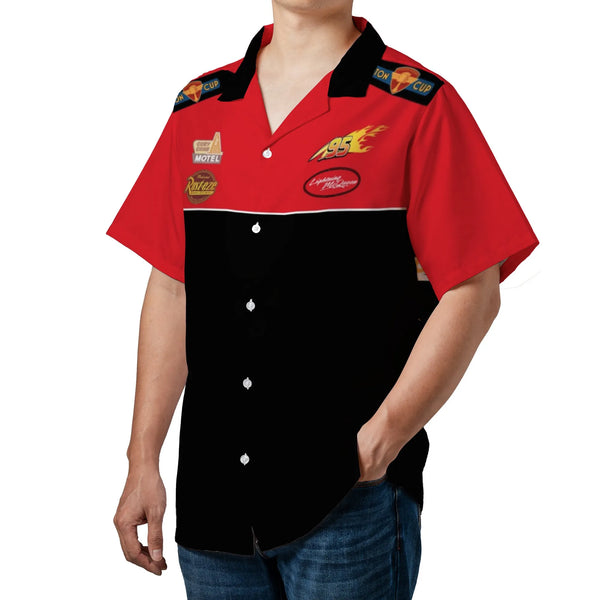 Lightning McQueen Hawaiian Shirt | Rust-Eze Mechanic Style Graphic | Woven Polyester Fabric | Collector's Gift For Cars Movie