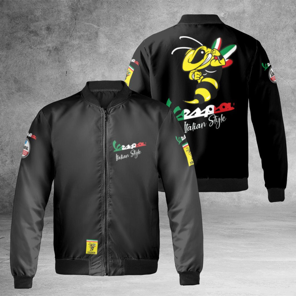 Italian Style Scooter Bomber Jacket | Wasp Mascot & Flag Graphic | Durable Nylon Outerwear | Unisex Streetwear Gift for Motor