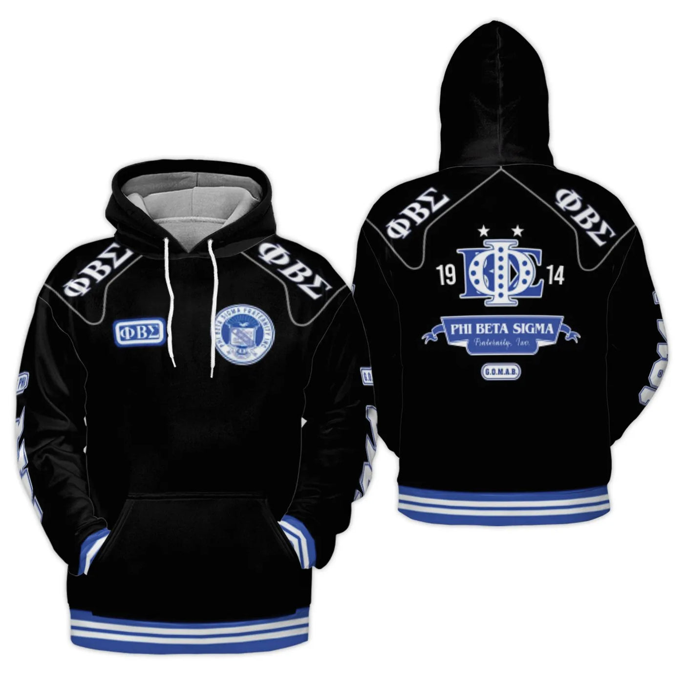 Phi Beta Sigma Fraternity 3D Hoodie | Blue and Black Greek Letters Apparel | Premium Brushed Fleece Pullover | G.O.M.A.B. Gif