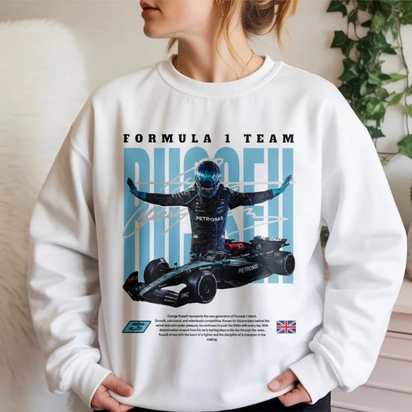 George Russell F1 Sweatshirt | Mercedes Racing Graphic Print | Premium Cotton-Blend Apparel | Formula 1 Fan Gift For Motorspo