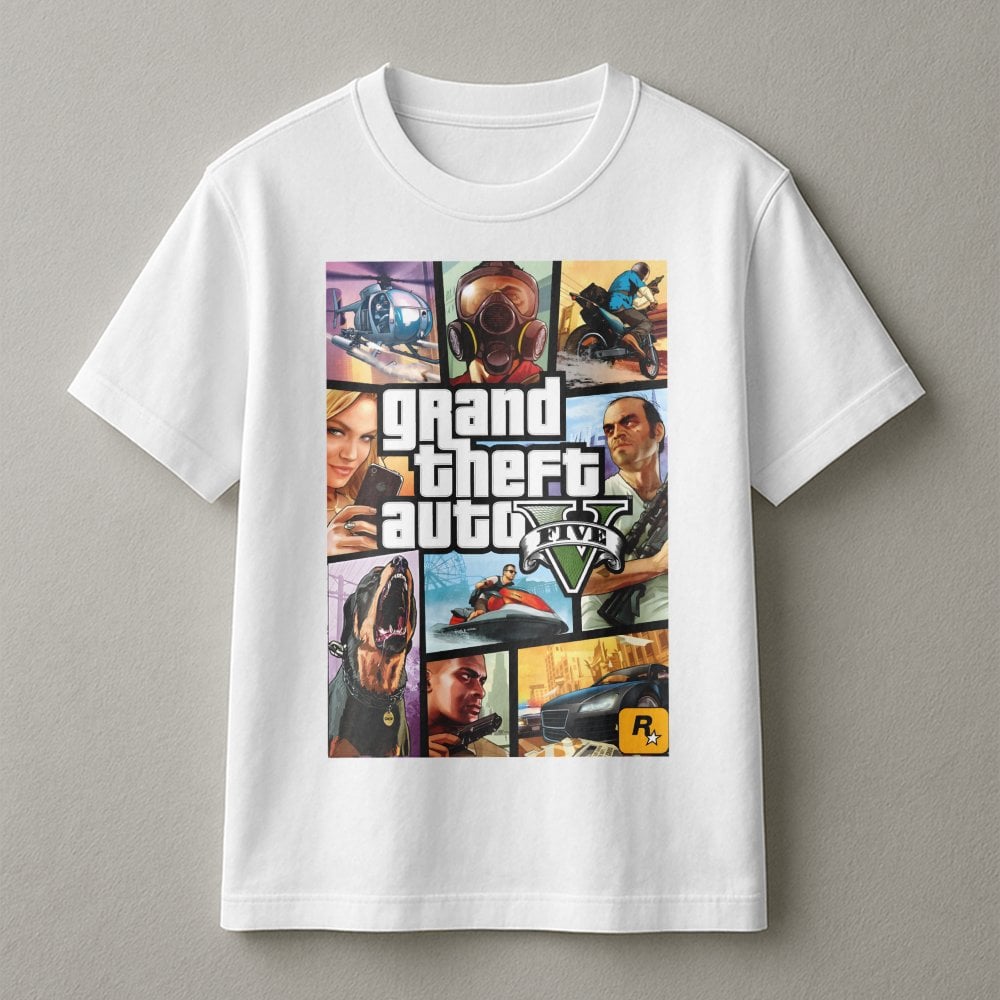 Grand Theft Auto V Graphic T-Shirt | Iconic Video Game Cover Art | Premium 100% Cotton Tee | Gift for Gamers and Open World F