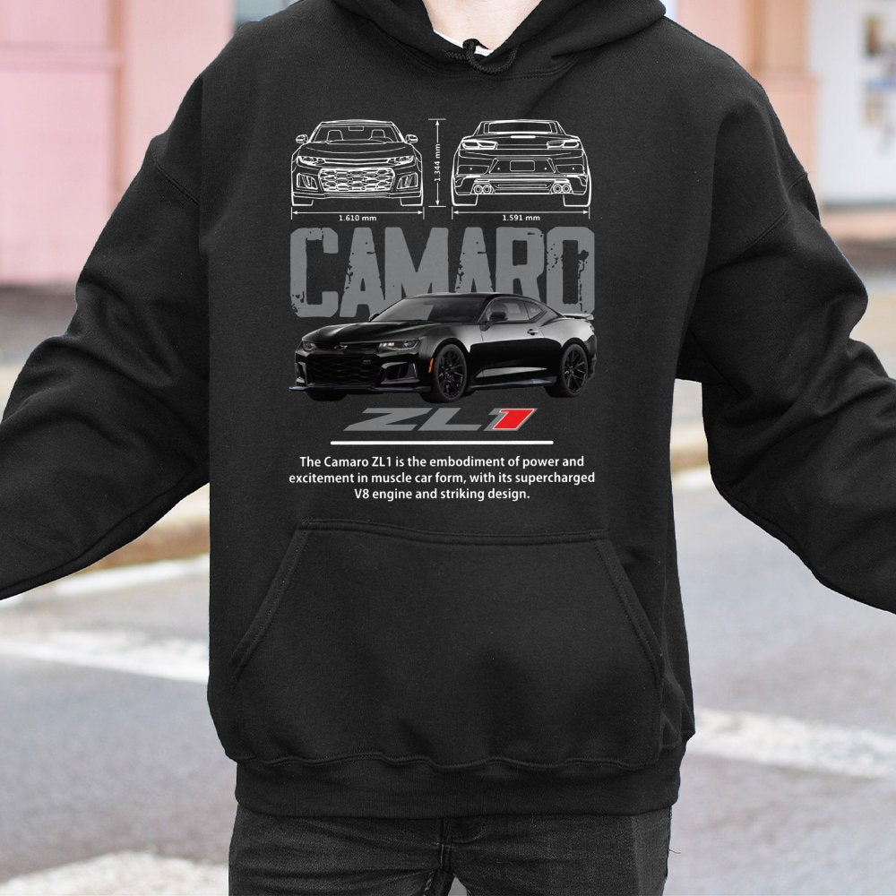 Camaro ZL1 Hoodie | Muscle Car Blueprint Graphic Art | Premium Cotton Blend | Gift For Car Enthusiast, Gearhead, Drag Racing 