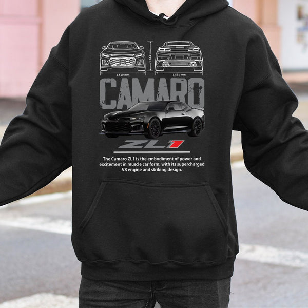Camaro ZL1 Hoodie | Muscle Car Blueprint Graphic Art | Premium Cotton Blend | Gift For Car Enthusiast, Gearhead, Drag Racing 