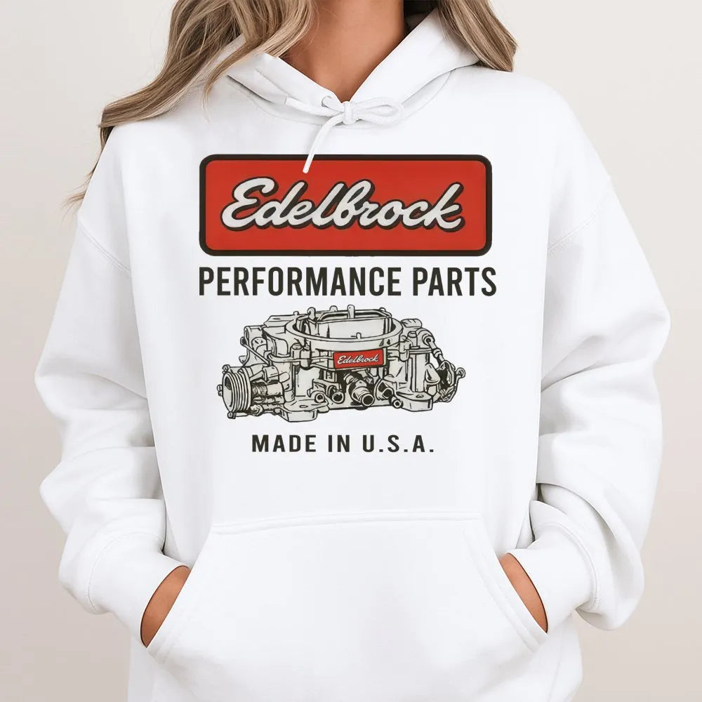 Edelbrock Performance Parts Hoodie | Classic Racing Carburetor Graphic | Premium Cotton Blend | Gift for Car Enthusiasts and 