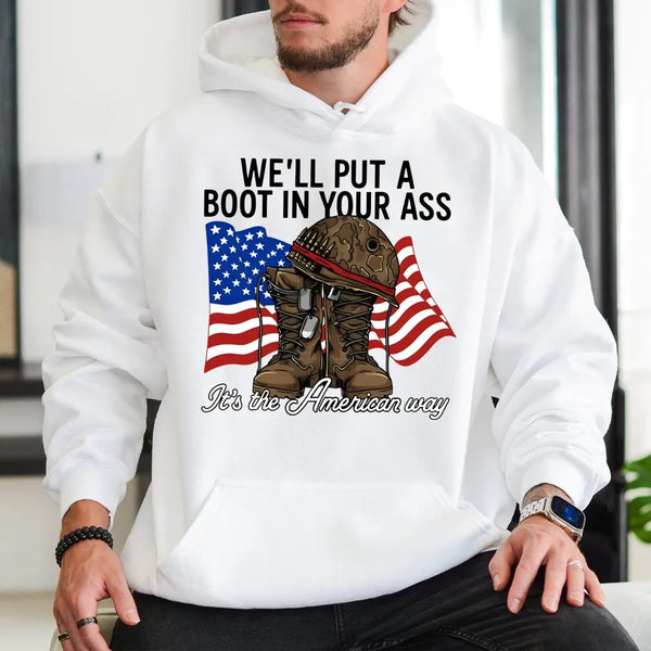 American Flag Military Hoodie | Patriotic Soldier Boots & Helmet Design | Soft Cotton Blend | Gift For Veterans & Country Mus