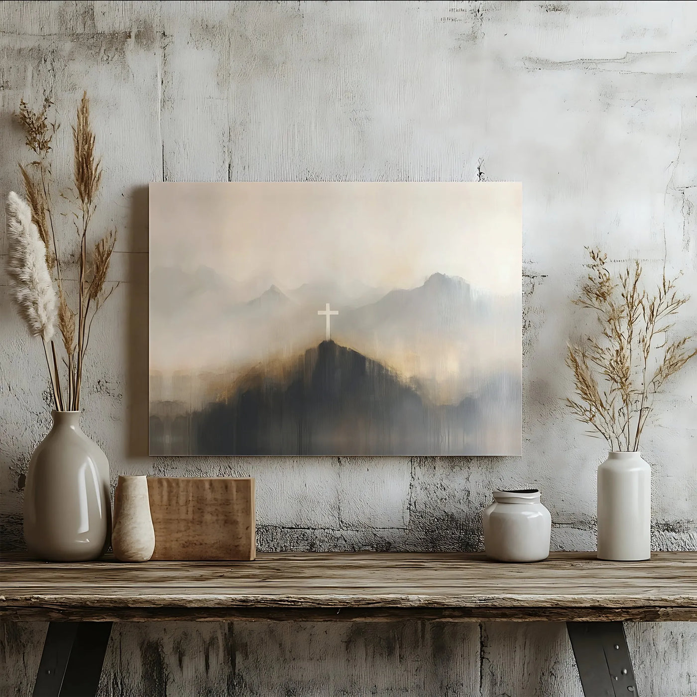 Christian Cross Canvas Wall Art | Abstract Misty Mountain Landscape | Premium 1.25-Inch Gallery Wrap | Religious Home Office 