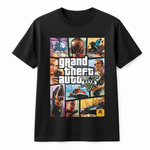 Grand Theft Auto V Graphic T-Shirt | Iconic Video Game Cover Art | Premium 100% Cotton Tee | Gift for Gamers and Open World F