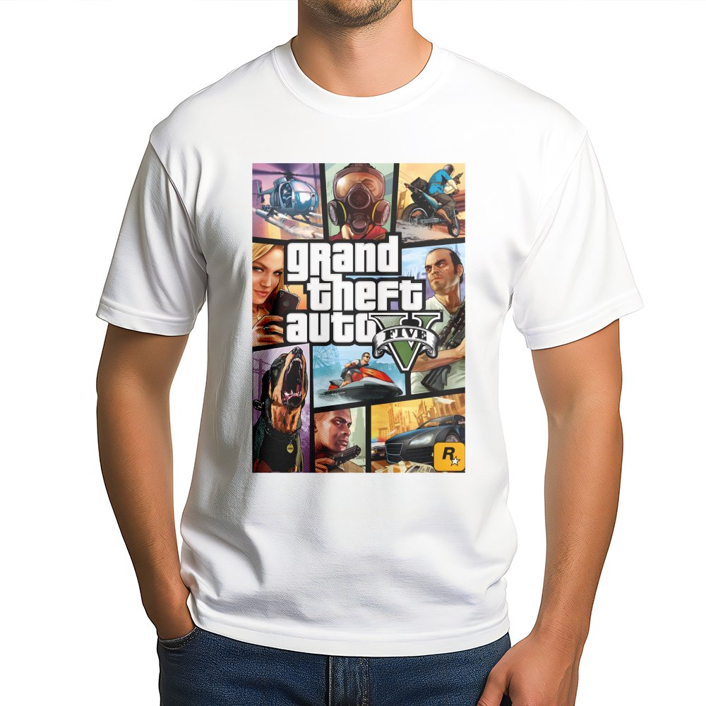 Grand Theft Auto V Graphic T-Shirt | Iconic Video Game Cover Art | Premium 100% Cotton Tee | Gift for Gamers and Open World F