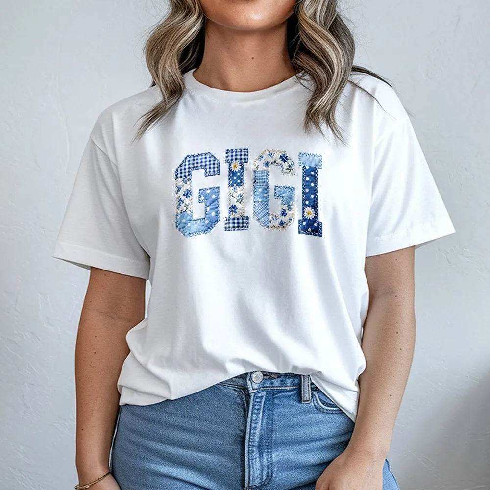 Gigi T-Shirt | Blue Patchwork Faux Appliqué Letters | Soft Cotton Tee | Mothers Day Gift for New Grandma