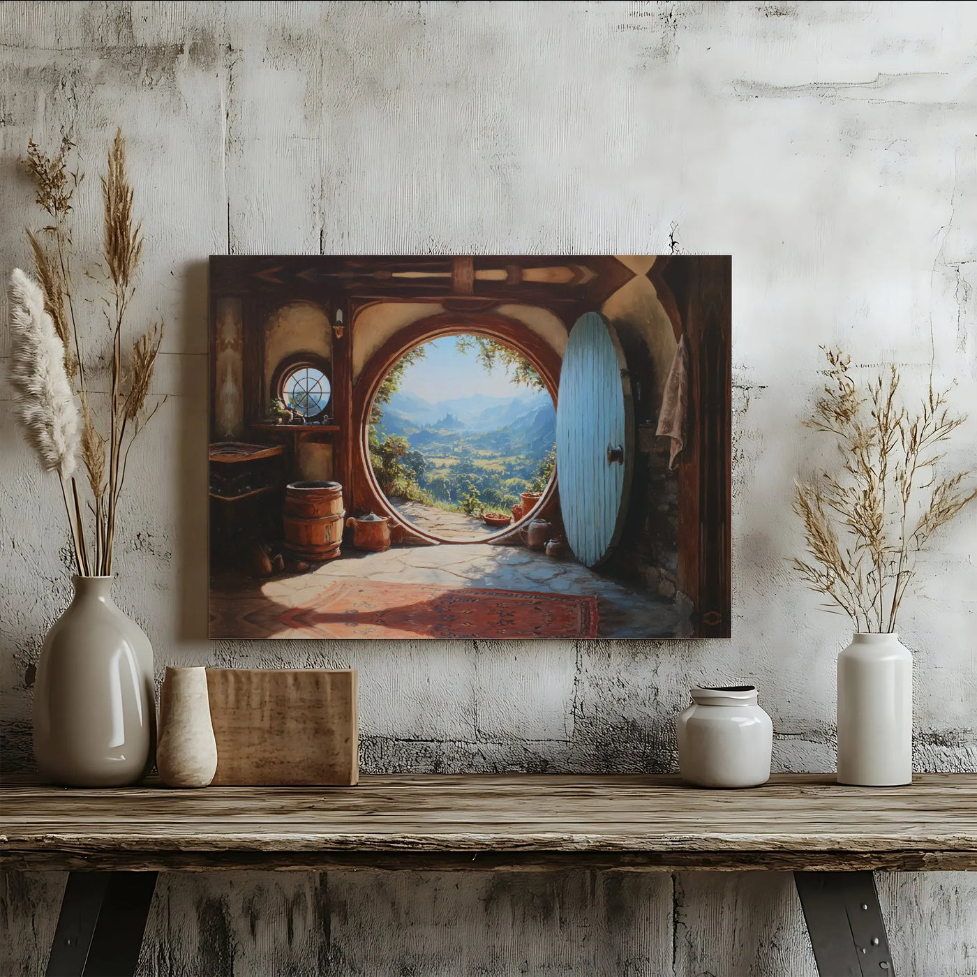 Fantasy Landscape Canvas Wall Art | Round Door Hobbit Home View | Premium Stretched Gallery Wrap | Unique Gift for Book and M