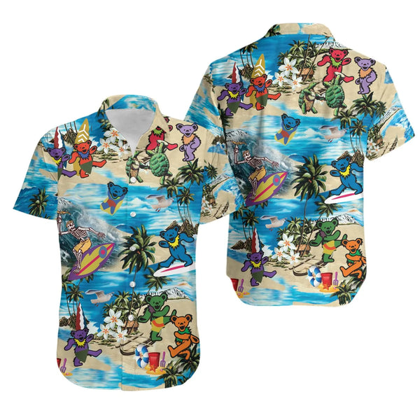 Summer Dancing Bears Hawaiian Shirt | Tropical Beach Print Aloha Top | Lightweight Breathable Fabric | Funky Music Festival G