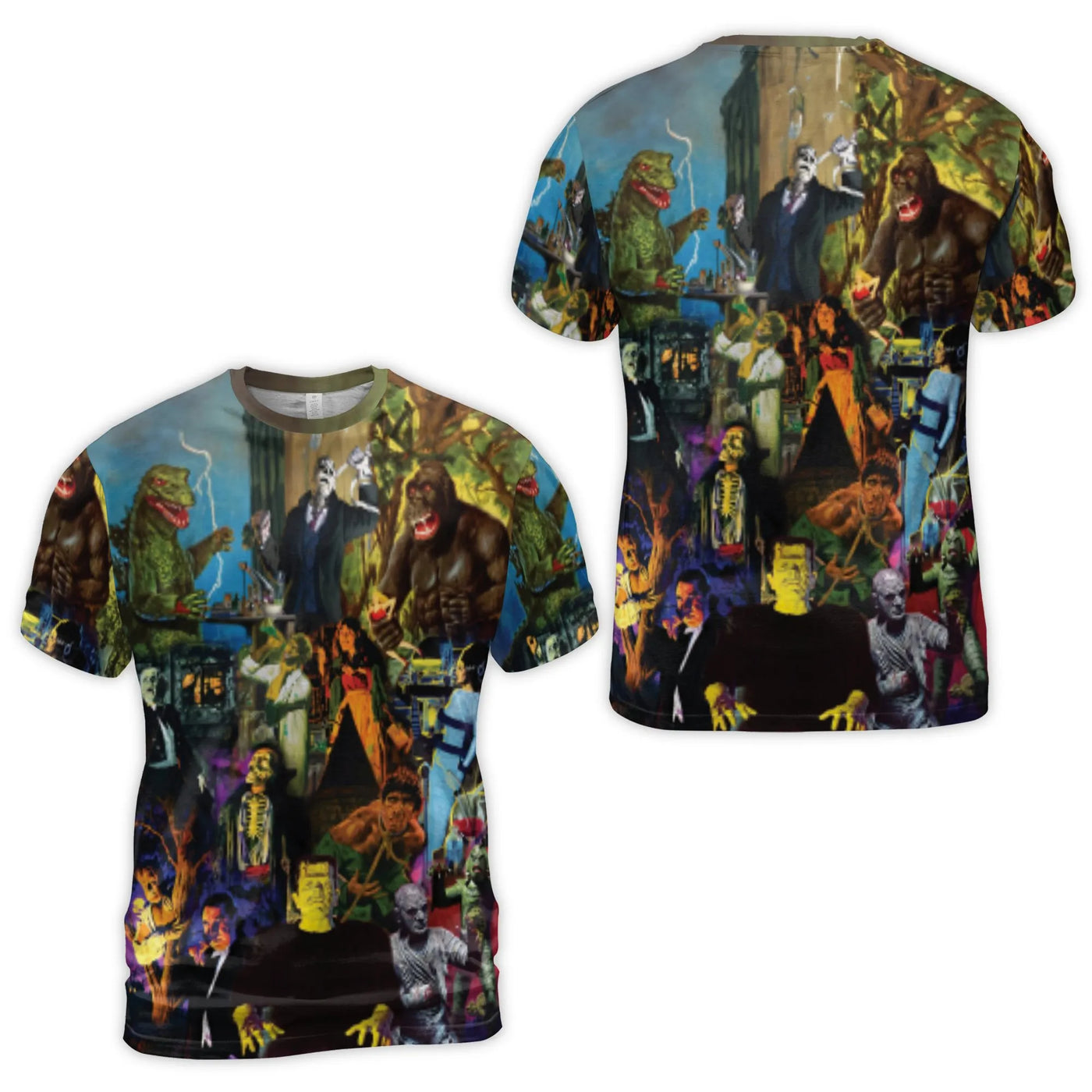 Classic Horror Movie Monsters T-Shirt | Retro Film Characters Collage AOP | Premium Poly-Spandex Blend | Unique Gift for Horr