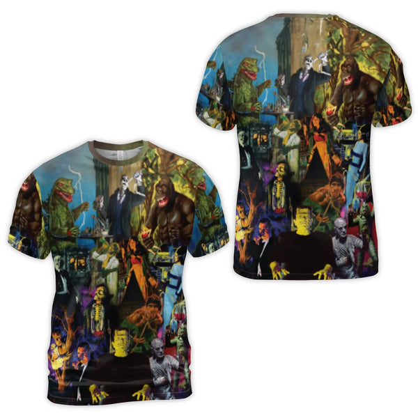 Classic Horror Movie Monsters T-Shirt | Retro Film Characters Collage AOP | Premium Poly-Spandex Blend | Unique Gift for Horr