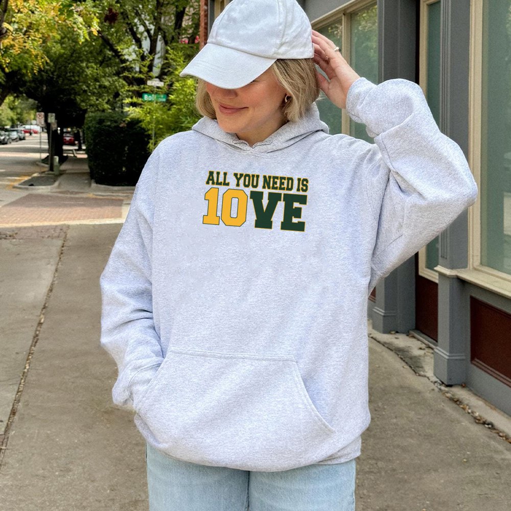 Jordan Love Football Hoodie | All You Need Is Love Graphic Print | Premium Cotton-Poly Blend | Unisex Green Bay Fan Gift