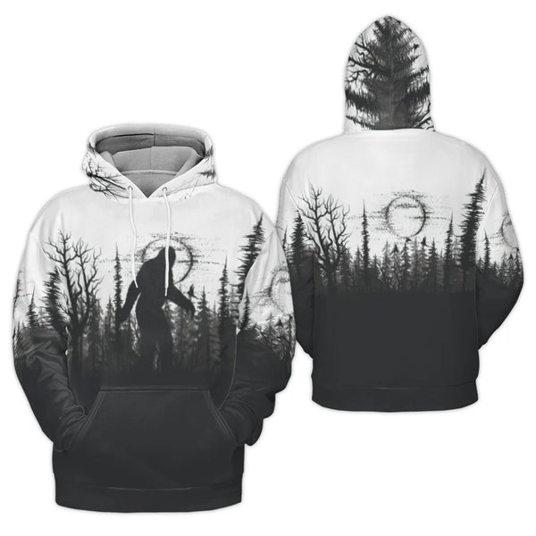 Bigfoot Hoodie | Moonlit Forest Silhouette Graphic | Premium Brushed Fleece All-Over Print | Gift for Sasquatch Lovers & Cryp