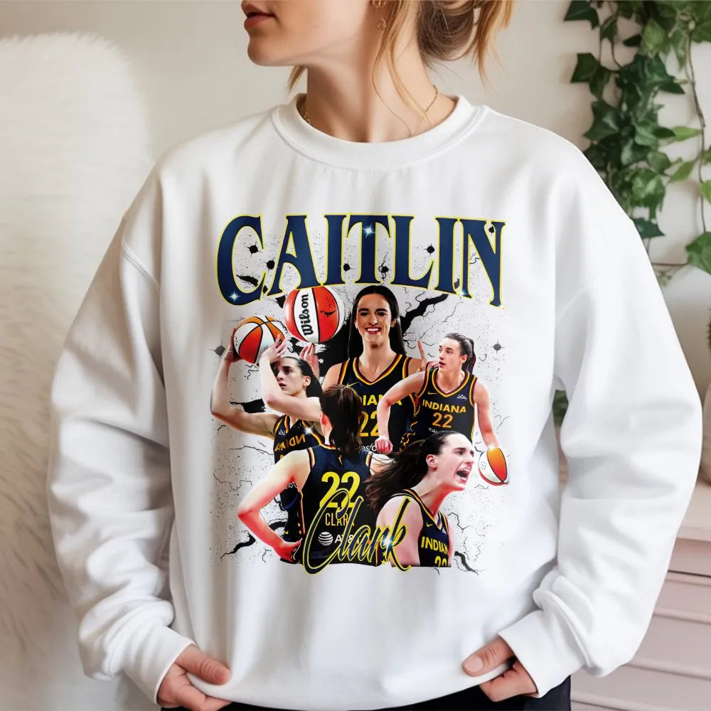 Caitlin Clark Sweatshirt | Retro 90s Basketball Graphic | Premium Cotton Blend Crewneck | WNBA Indiana Fever Fan Gift for Bas