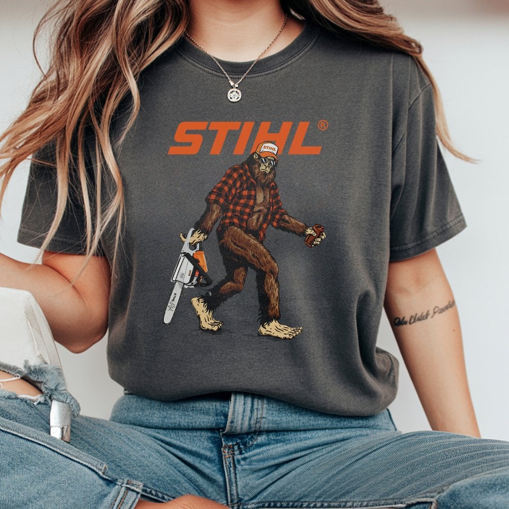 Bigfoot With Chainsaw T-Shirt | Funny Lumberjack Sasquatch Graphic | 100% Cotton Premium Tee | Unique Gift for Outdoorsmen an