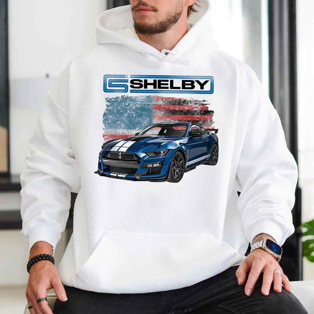 Mustang Muscle Car Hoodie | American Flag Shelby Design | Premium Cotton Blend Pullover | Gift for Car Enthusiast & Gearhead