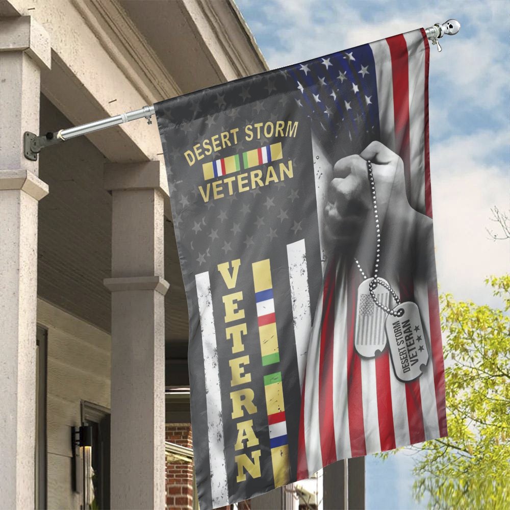 Desert Storm Veteran Garden Flag | US American Military Dog Tag Design | Premium Weather-Resistant Polyester | Patriotic Gift
