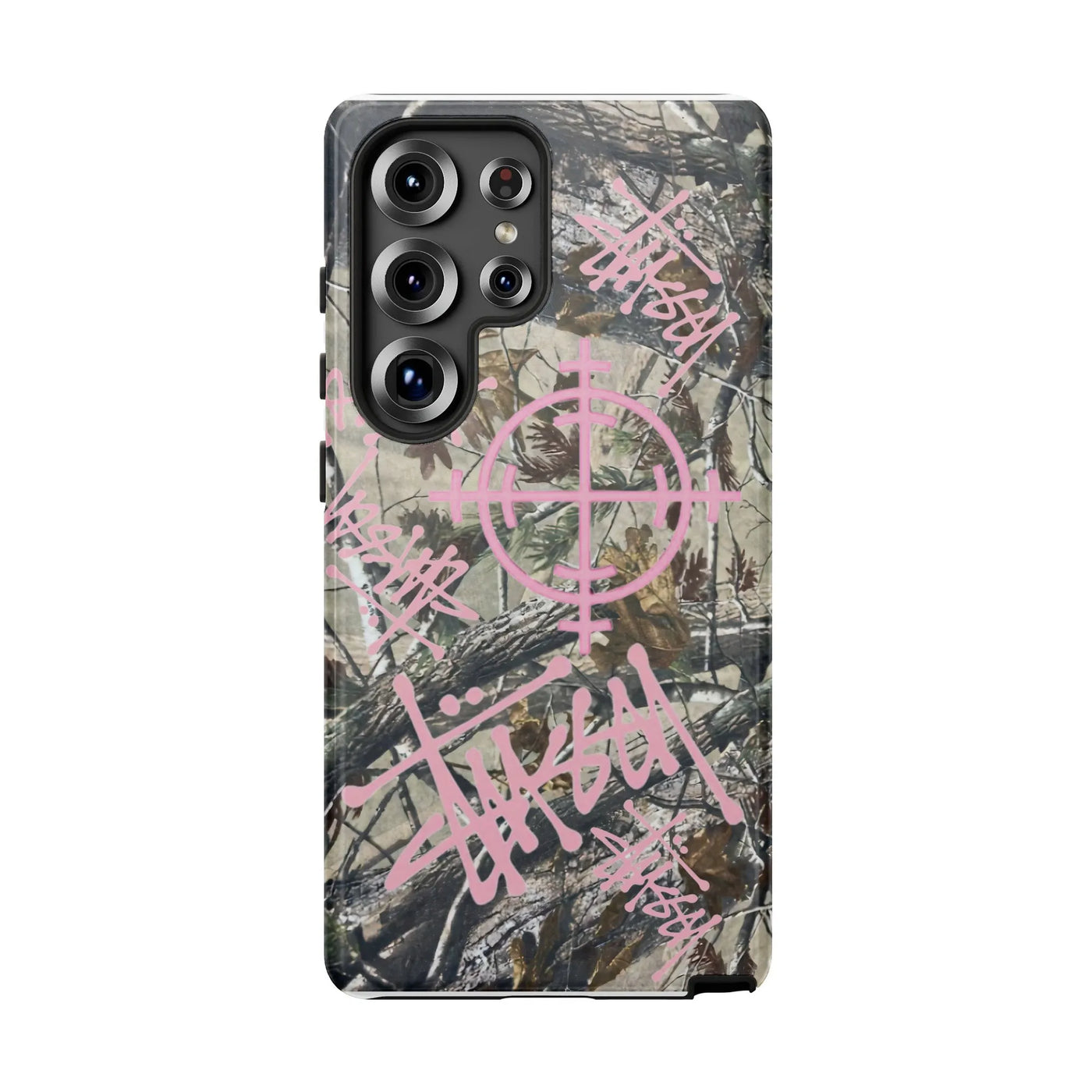 Camo Samsung Phone Case | Pink Graffiti Crosshair Graphic | Dual-Layer Polycarbonate | Trendy Urban Tech Accessory for Her