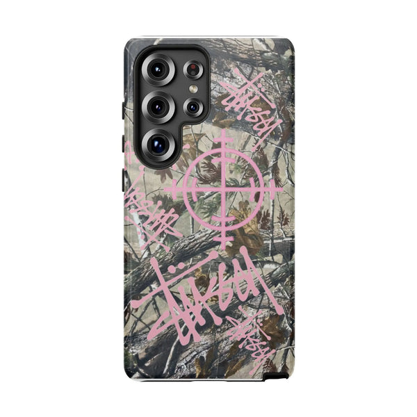 Camo Samsung Phone Case | Pink Graffiti Crosshair Graphic | Dual-Layer Polycarbonate | Trendy Urban Tech Accessory for Her