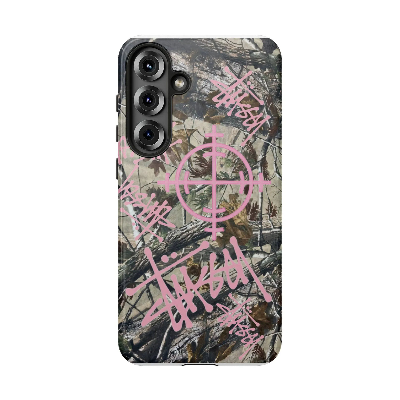 Camo Samsung Phone Case | Pink Graffiti Crosshair Graphic | Dual-Layer Polycarbonate | Trendy Urban Tech Accessory for Her