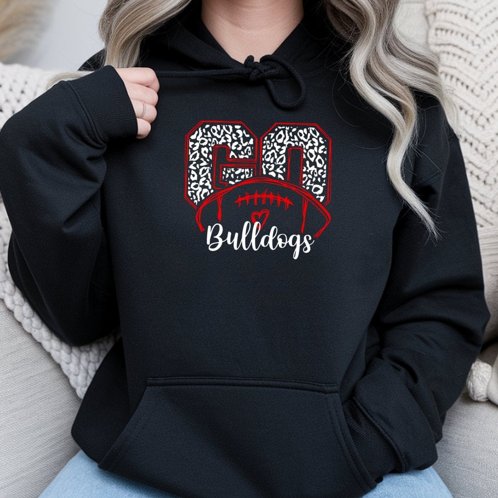 Bulldogs Football Hoodie | Leopard Print Game Day Graphic | Soft Cotton-Poly Blend | Unisex Spirit Wear for Fans and Students