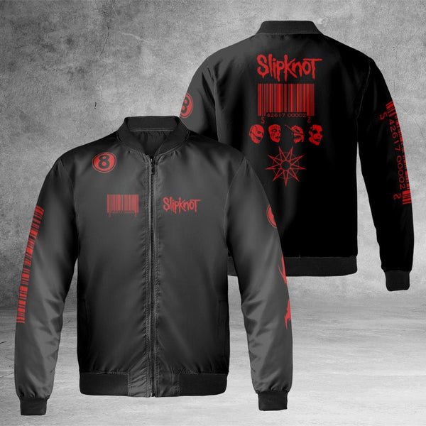 Heavy Metal Bomber Jacket | Slipknot Graphic Barcode Design | Durable Nylon Windproof Streetwear | Unisex Gift for Rock Band 