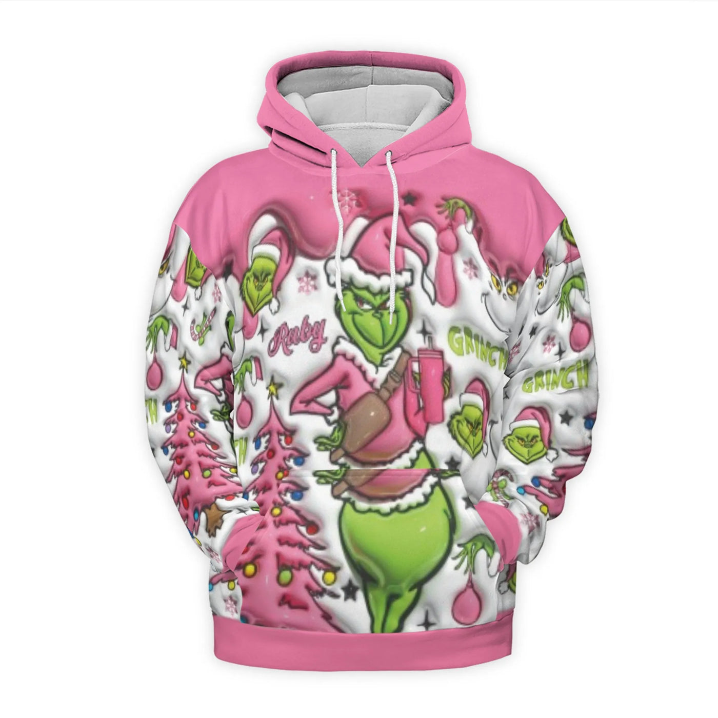 Pink Grinch Christmas Hoodie | All-Over Print Holiday Sweater | Premium Polyester Brushed Fleece | Festive Unisex Winter Pull