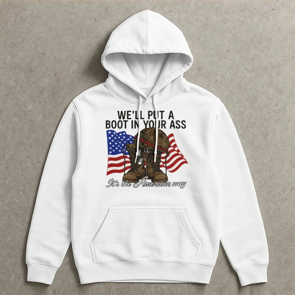 American Flag Military Hoodie | Patriotic Soldier Boots & Helmet Design | Soft Cotton Blend | Gift For Veterans & Country Mus