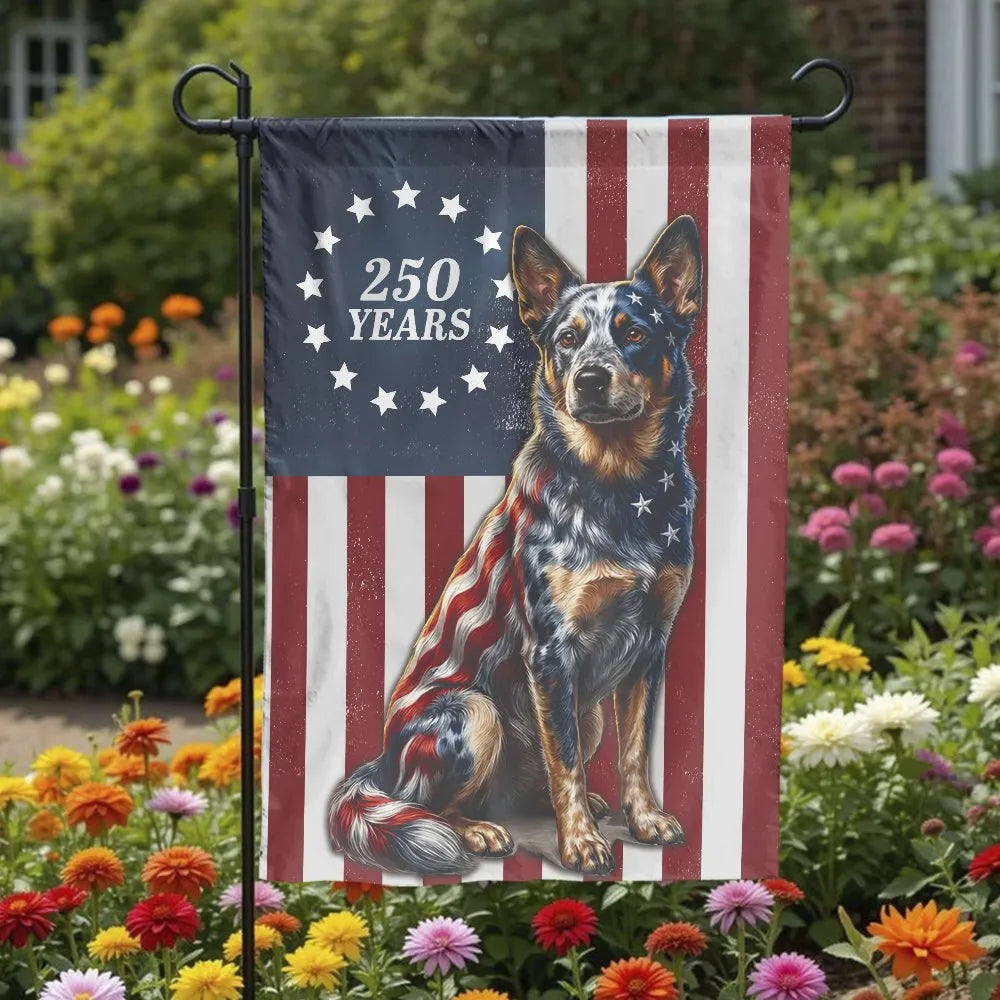 Patriotic Blue Heeler Dog Garden Flag | USA 250th Anniversary American Flag Design | Double-Sided Premium Weatherproof Polyes
