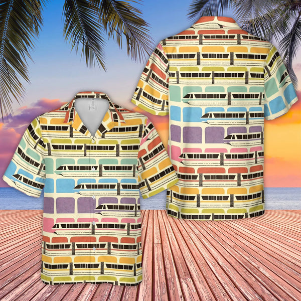 Retro Monorail Hawaiian Shirt | Mid-Century Transportation Print | Lightweight Woven Polyester | Gift for Theme Park & Train 
