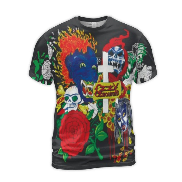 Ozzy Osbourne 3D T-Shirt | All-Over Print Skull and Rose Graphic | Premium Polyester Spandex | Gift for Heavy Metal Music Fan