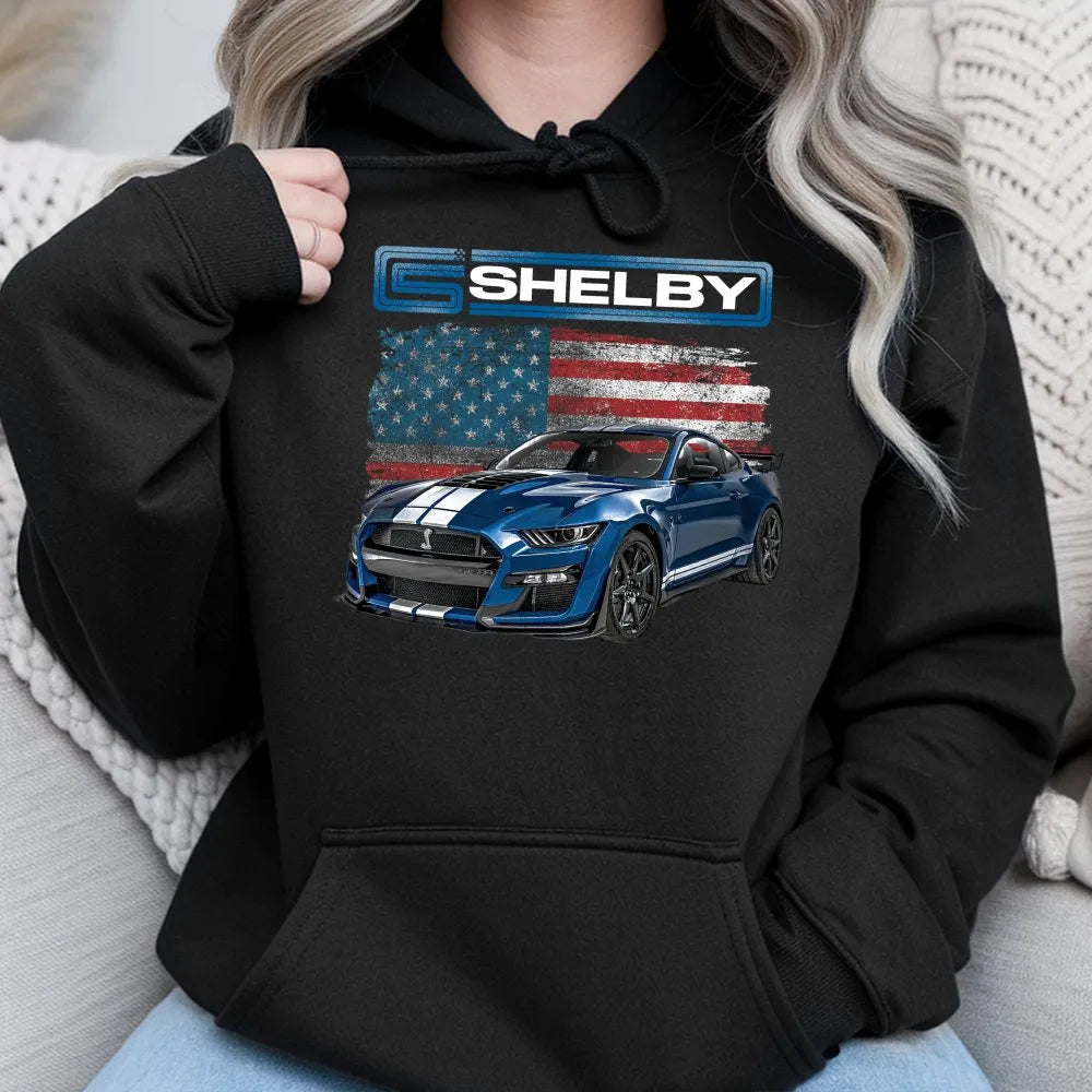 Mustang Muscle Car Hoodie | American Flag Shelby Design | Premium Cotton Blend Pullover | Gift for Car Enthusiast & Gearhead
