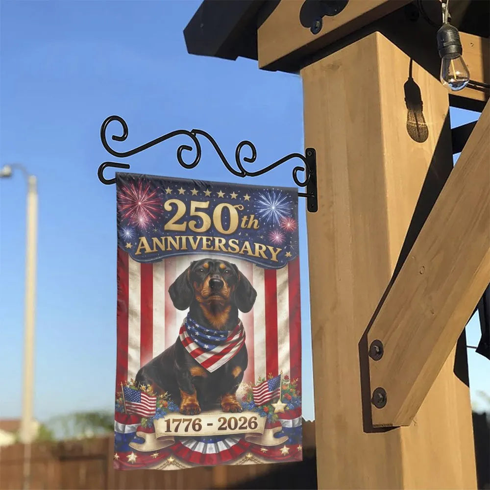 America 250th Anniversary Garden Flag | Patriotic Dachshund Dog | Weather-Resistant Double Sided Fabric | USA Sestercentennia