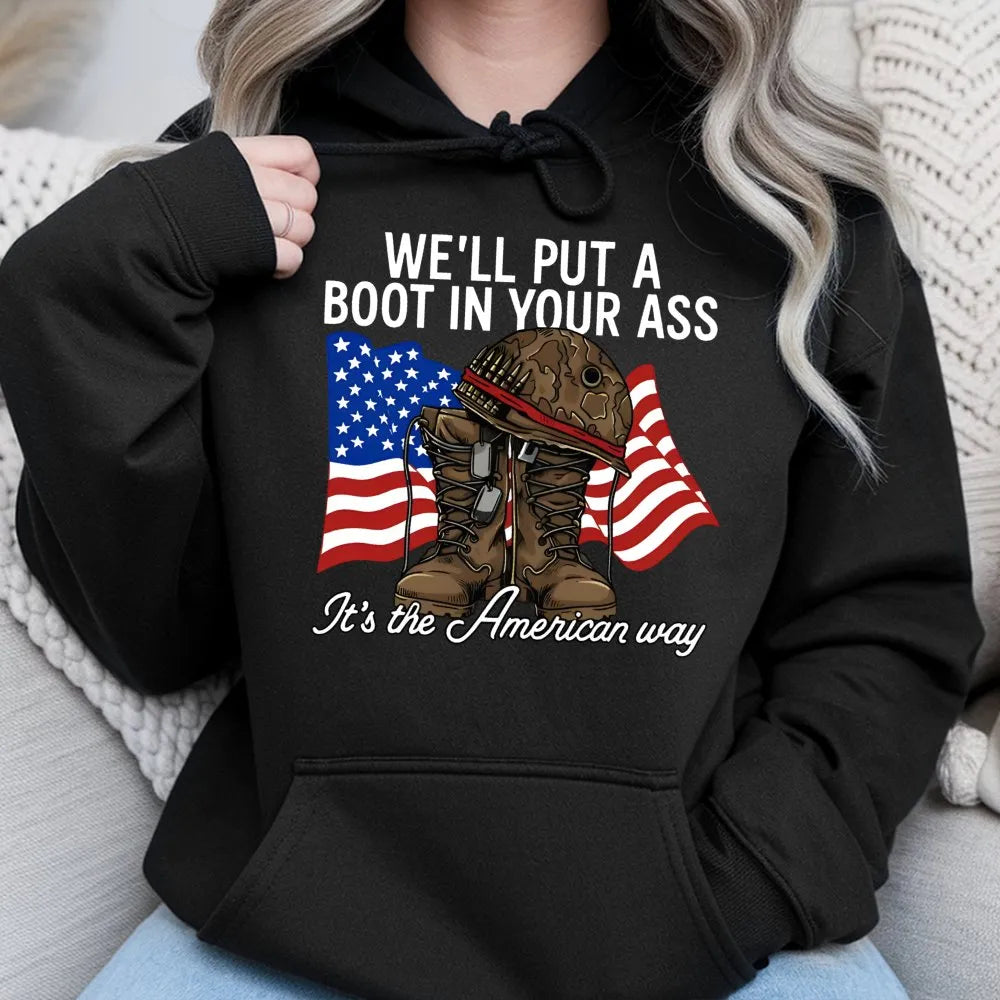 American Flag Military Hoodie | Patriotic Soldier Boots & Helmet Design | Soft Cotton Blend | Gift For Veterans & Country Mus