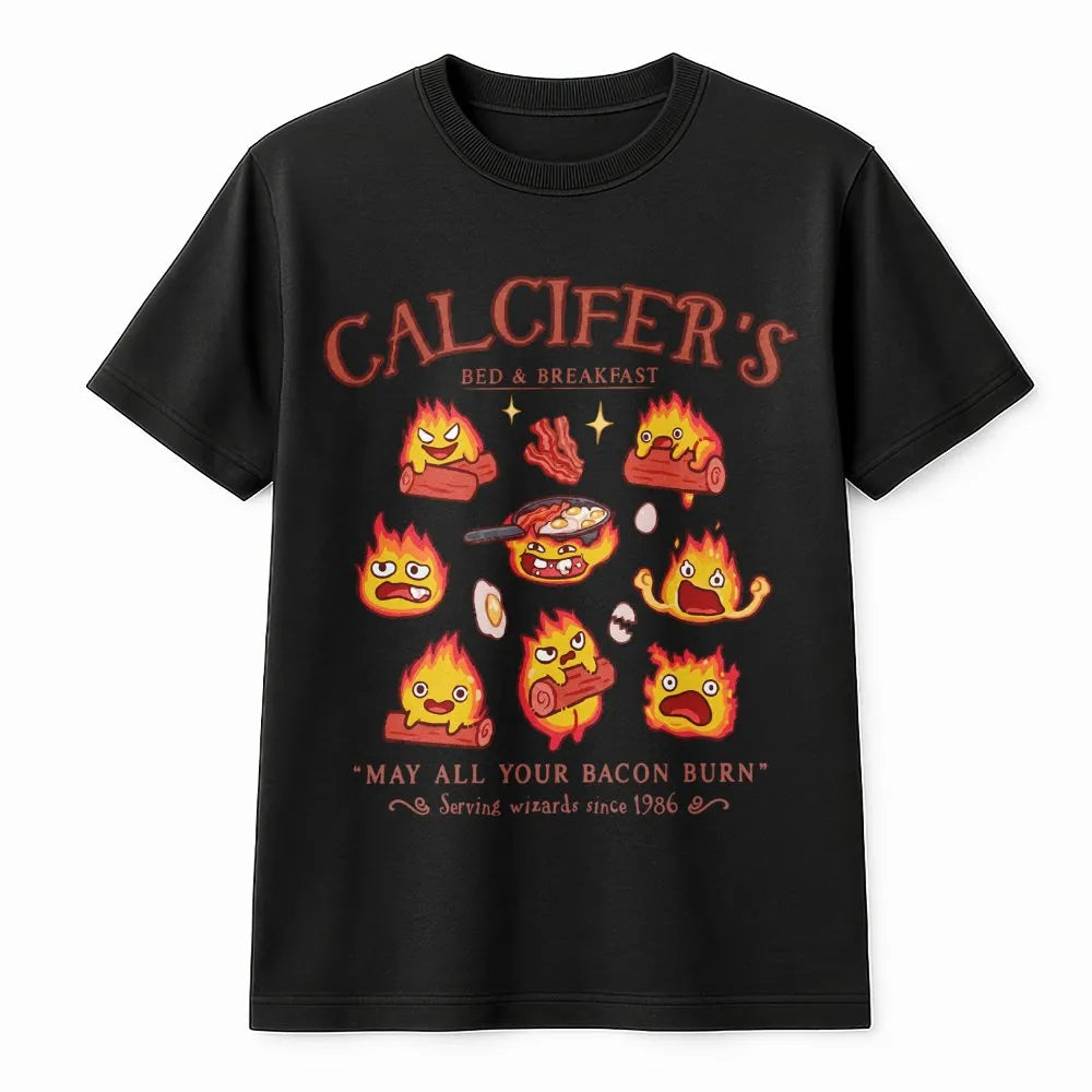 Calcifer Bed and Breakfast T-Shirt | Anime Fire Demon Graphic | Premium Cotton Unisex Tee | Gift for Studio Ghibli Fan